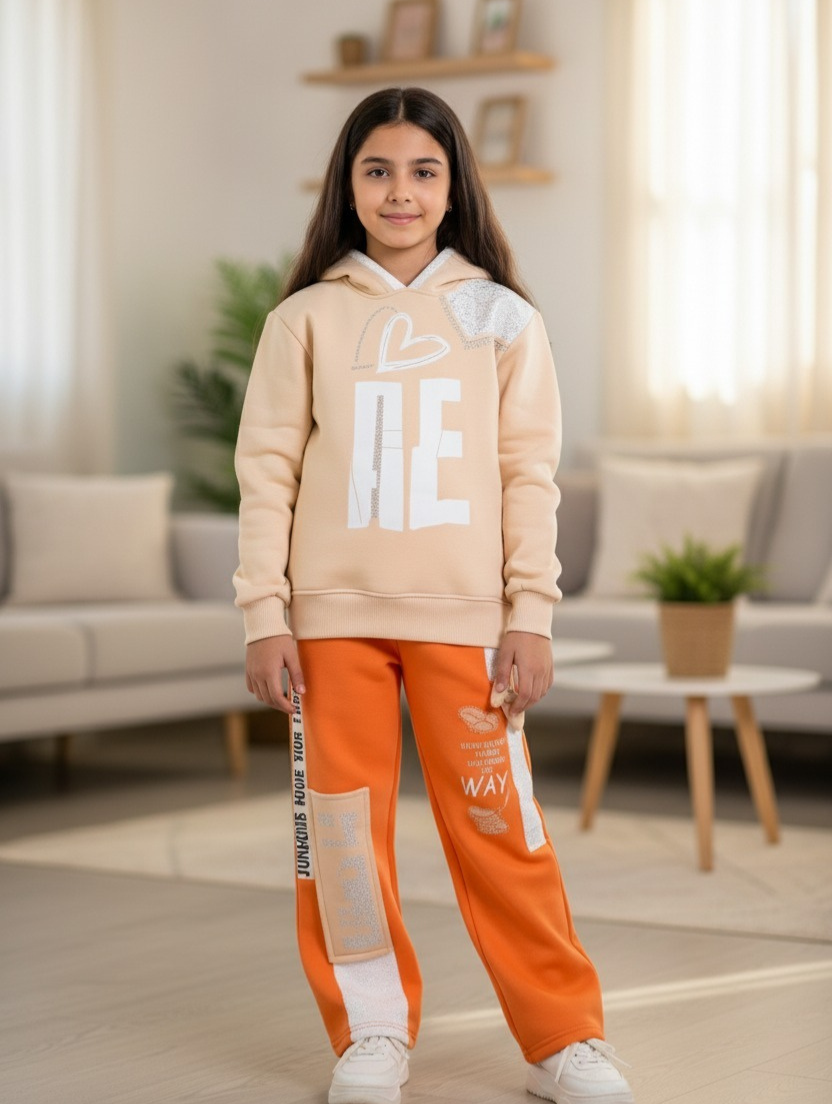 Girls’ Beige & Orange Graphic Hoodie Tracksuit