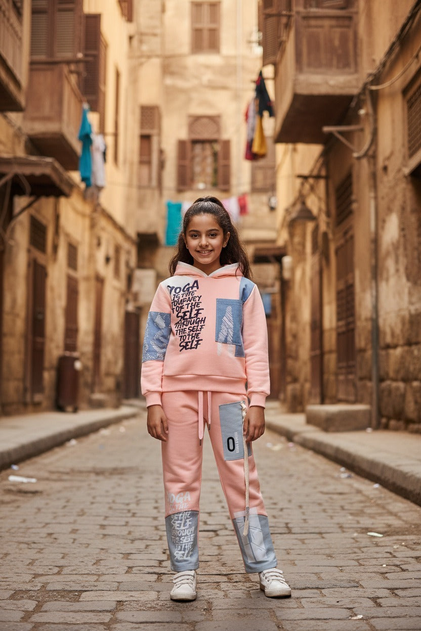 Girls’ Peach & Blue Patchwork Hoodie Tracksuit