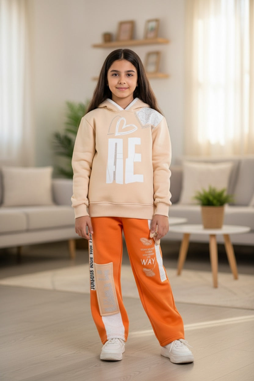Girls’ Beige & Orange Graphic Hoodie Tracksuit