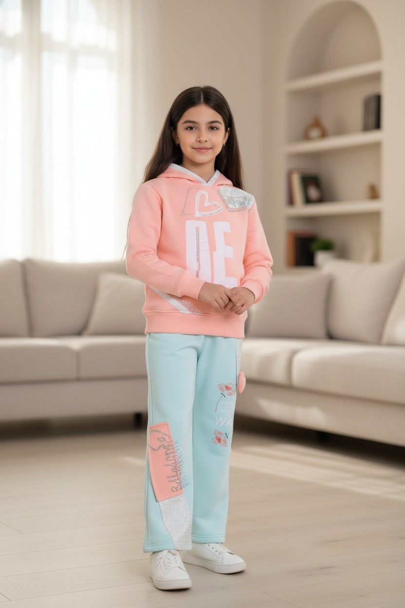 Girls’ Beige & Orange Graphic Hoodie Tracksuit